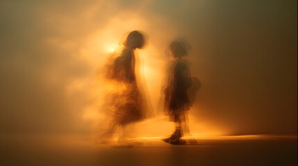 Fototapeta premium two translucent figures merging into one glowing form, representing inner child healing, warm nostalgic tones, emotional fine art photography style — v 7 