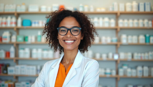 Smiling woman pharmacist wears lab coat in drugstore. Shelves with medicine bottles behind her. Person works in health care, offers service and advice. She is happy.