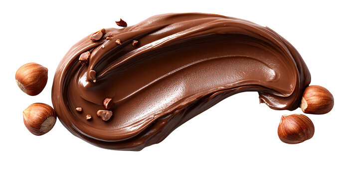 Rich chocolate hazelnut spread swirled with crunchy nut pieces and whole hazelnuts, showcasing decadent dessert ingredient and sweet treat concept