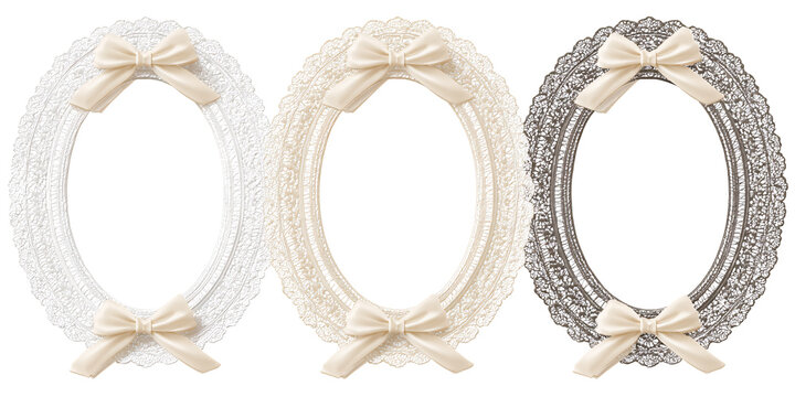 Elegant oval lace frames with cream bows, vintage ornate borders for photos or invitations, decorative elements