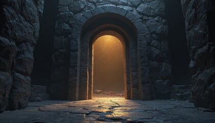 Obraz premium Stone archway leads into a dark chamber. Light emanates from beyond, illuminating dust motes. Cracked stone floor reflects dim light. Ancient temple interior, fantasy game asset.