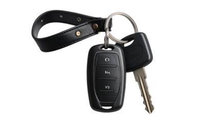 Car keys isolated on transparent background, high-quality PNG with key fob and metal key, perfect for automotive designs, vehicle graphics, security visuals, and apps.