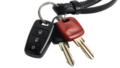 Car keys isolated on transparent background, high-quality PNG with key fob and metal key, perfect for automotive designs, vehicle graphics, security visuals, and apps.