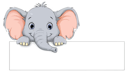 Adorable Baby Elephant Cartoon Holding Blank Sign, Vector Illustration