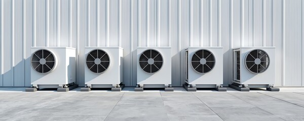Five white air conditioning condenser units lined up outside modern industrial building. HVAC systems mounted on concrete base ready for installation or maintenance.