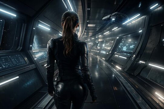 A woman walks through a futuristic spaceship corridor lined with holograms and starlight