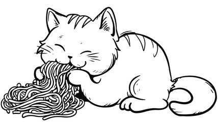 Adorable Cat Eating Noodles - Cartoon Vector Illustration