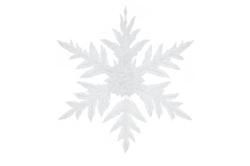 White ice crystal forming a large intricate snowflake with six branches, winter cold season symbol on transparent background