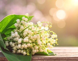 Lily of the Valley Flowers on Wooden Surface.