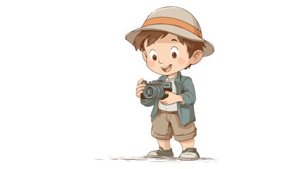 Young Boy with Camera Vector Illustration: Adorable Child in Hat Capturing Moments