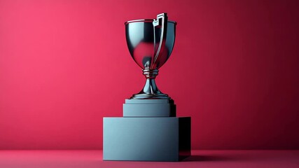 Silver trophy on a pedestal against a vibrant red backdrop