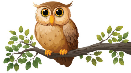 Charming Owl Cartoon on Tree Branch Vector with Outline for Illustrations