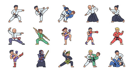 Cartoon illustrations showcasing various martial arts disciplines with diverse practitioners in action.
