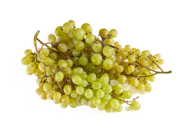 Green grape. Branch of ripe grape isolated on white background. Juicy grapes, closeup