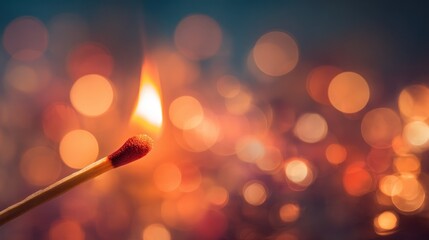 Burning matchstick with flame against bokeh background for creative design