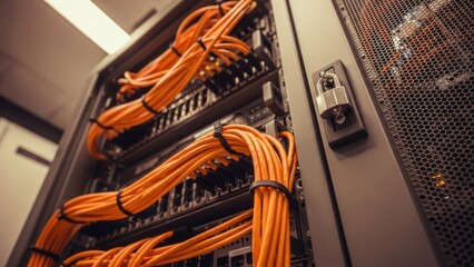 Close-up of a server rack filled with orange network cables secured with black ties
