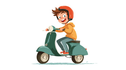 Cheerful Schoolboy Riding Scooter Cartoon Vector with Outline