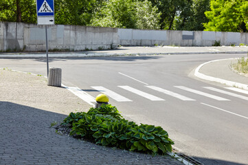 Pedestrian crossing on asphalt road. White stripes on asphalt, road markings zebra crossing, place to cross the road. Traffic directional sign