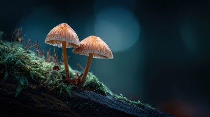 Fototapeta premium Close up of mushrooms with moss growing in a natural environment