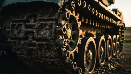Close-up of a tank's muddy treads and wheels, bathed in golden sunlight