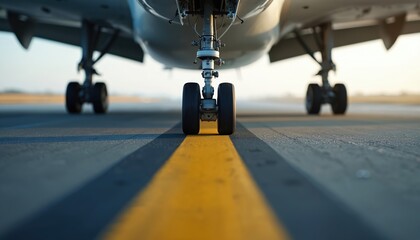 Airplane landing gear touches down on airport runway. Front wheels of aircraft on tarmac with yellow line. Jetliner arriving at destination.