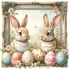 Easter Bunny Rabbits with Decorated Eggs Illustration.