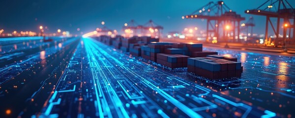 Containers rest on glowing blue circuit board path. Digital network infrastructure connects global shipping, logistics. Port cranes operate with automated tech, enabling efficient cargo distribution,