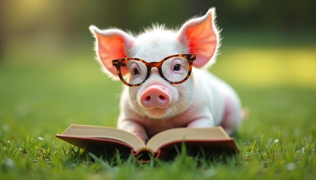 Cute piglet wears glasses, reads open book on green grass outdoors. Adorable animal enjoys learning, exploring new worlds through literature in peaceful natural setting. Whimsical educational moment.