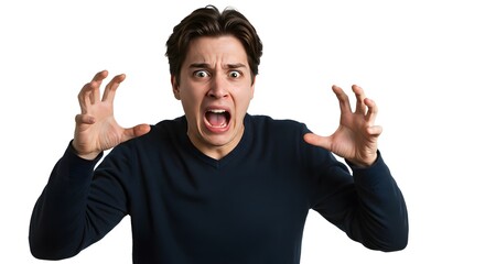 A young man expressing extreme anger and frustration with a loud yell and clawing hands.