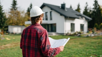Architect reviewing blueprints in front of a modern residential house