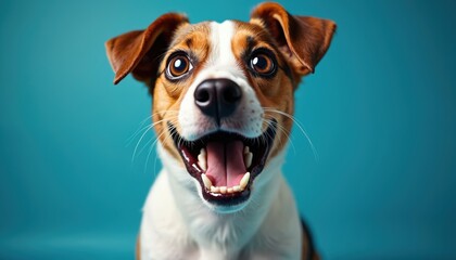 Jack Russell terrier dog with mouth wide open in surprise. Pet shows amazement and excitement against plain blue backdrop. Its eyes are big and round.