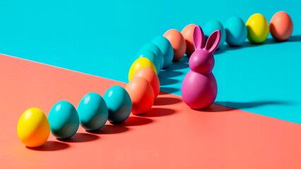 Bright Easter eggs and festive bunny in playful holiday mood, creative Easter design concept on vibrant background