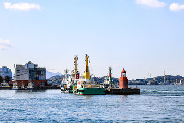 The tug boat fleet on service at  Moji port in Kitakyushu, Japan.
