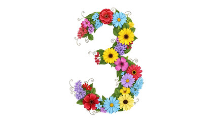 A vibrant number three numeral created from an assortment of colorful flowers and green leaves on a white background.