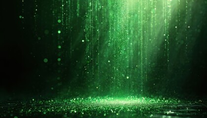 Shiny green particles fall like rain onto dark reflective surface. Tiny sparkles create magical effect, with bright light illuminating scene from above. Abstract backdrop suggests luxury, celebration.