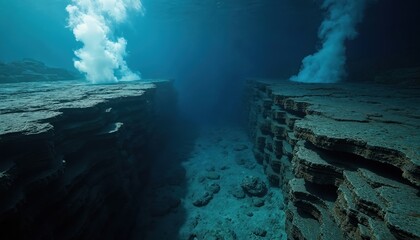Deep ocean floor shows geological formations, underwater canyons, and vent plumes. Rocky seabed with layers of sediment and hydrothermal activity. Blue water surrounds textured rock.