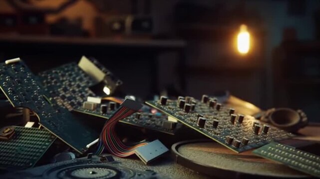Disassembled circuit boards and electronic components on workbench  