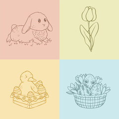 Easter illustrations with cute characters, spring flowers and easter eggs, vector art
