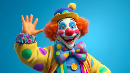 Naklejka premium Happy clown jumping in the air on a blue background.