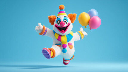 Fototapeta premium Happy clown jumping in the air on a blue background.