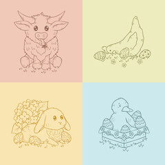 Easter illustrations with cute characters, spring flowers and easter eggs, vector art