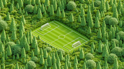 Green football field hidden inside a dense forest, aerial view symbolizing harmony between sport and nature.
