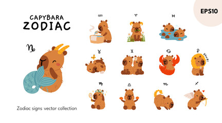 Fototapeta premium Capybara zodiac signs kawaii vector set, cute cartoon astrology animals clipart. Horoscope symbols collection, flat EPS10 illustration for stickers, prints and social media