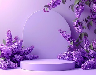Purple Lilac Flowers on Minimalist Podium Display.