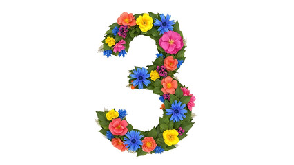 The number three formed by a vibrant arrangement of colorful flowers and green leaves on a white background, symbolizing nature's beauty.