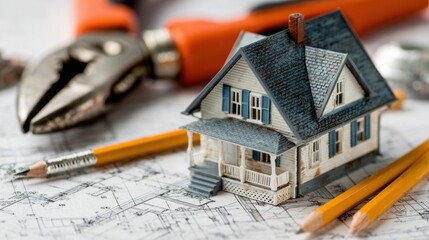 Miniature house model with construction tools on blueprint background