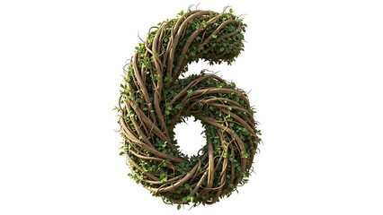 Number six made from intertwined tree branches and green leaves, isolated on a white background, representing nature and growth.