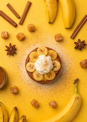 Fototapeta premium Restaurant-Style Banana Dessert – Sponge Cake, Rum, Cinnamon, Cream, Food Blog Ready