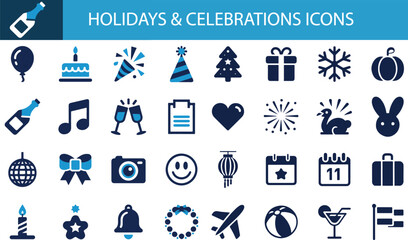 Holidays and celebrations icon set. Containing champagne bottles, birthday cakes, fireworks, party hats, Christmas trees, gift boxes, and festive decorations.
