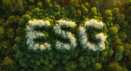 ESG letters formed by white clouds above a green forest, sustainability and environmental responsibility concept.
